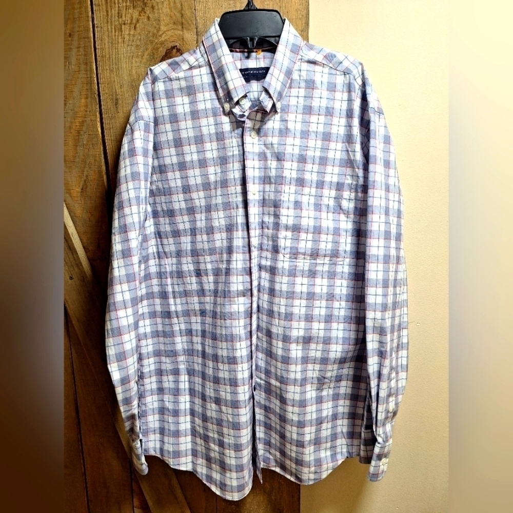 A Tommy Hilfiger men's long sleeve button-down shirt in a size 16 - 34/35.